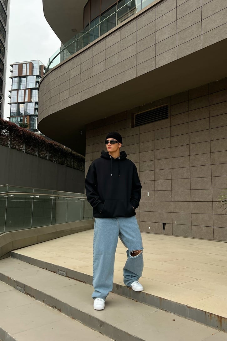 Stargazer Sırt Baskılı Siyah Oversize Hoodie