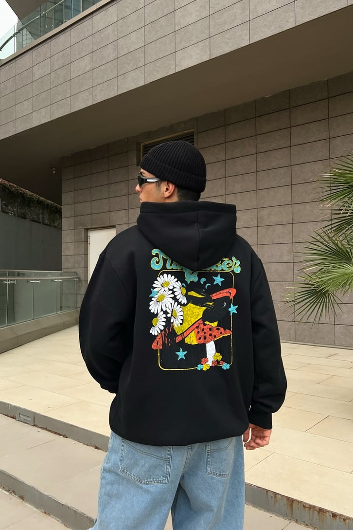 Stargazer Sırt Baskılı Siyah Oversize Hoodie