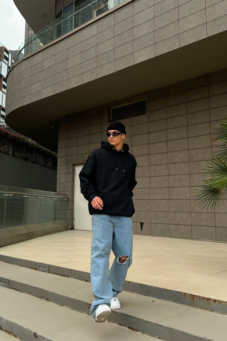 Stargazer Sırt Baskılı Siyah Oversize Hoodie