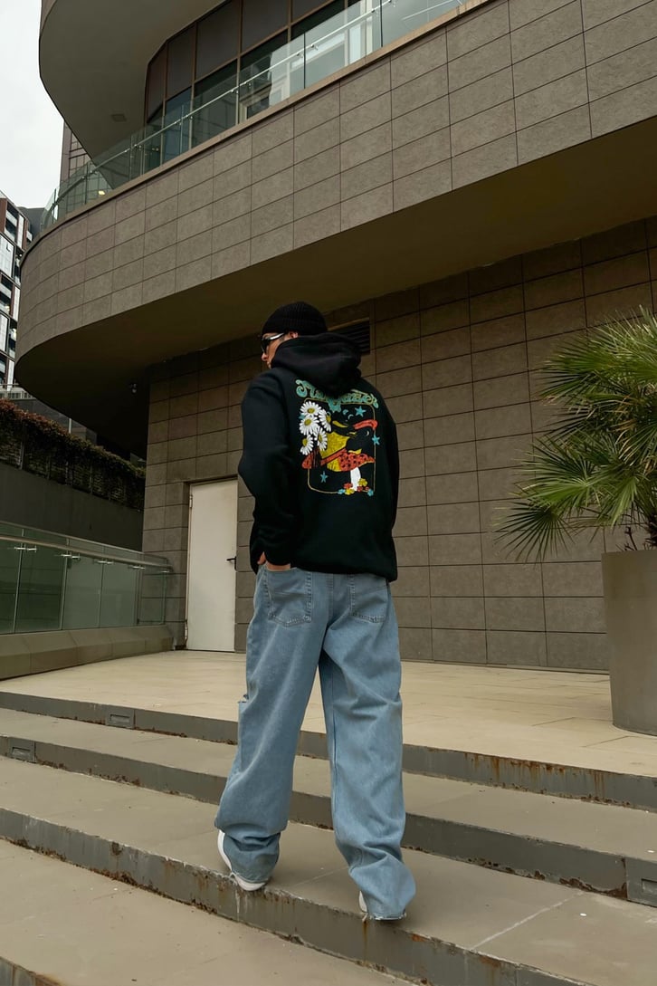 Stargazer Sırt Baskılı Siyah Oversize Hoodie