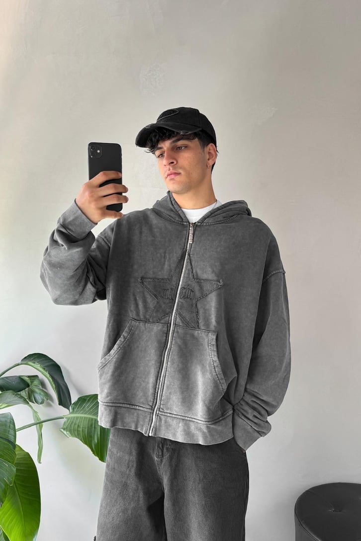 Starry Nakışlı Zip Oversize Hoodie