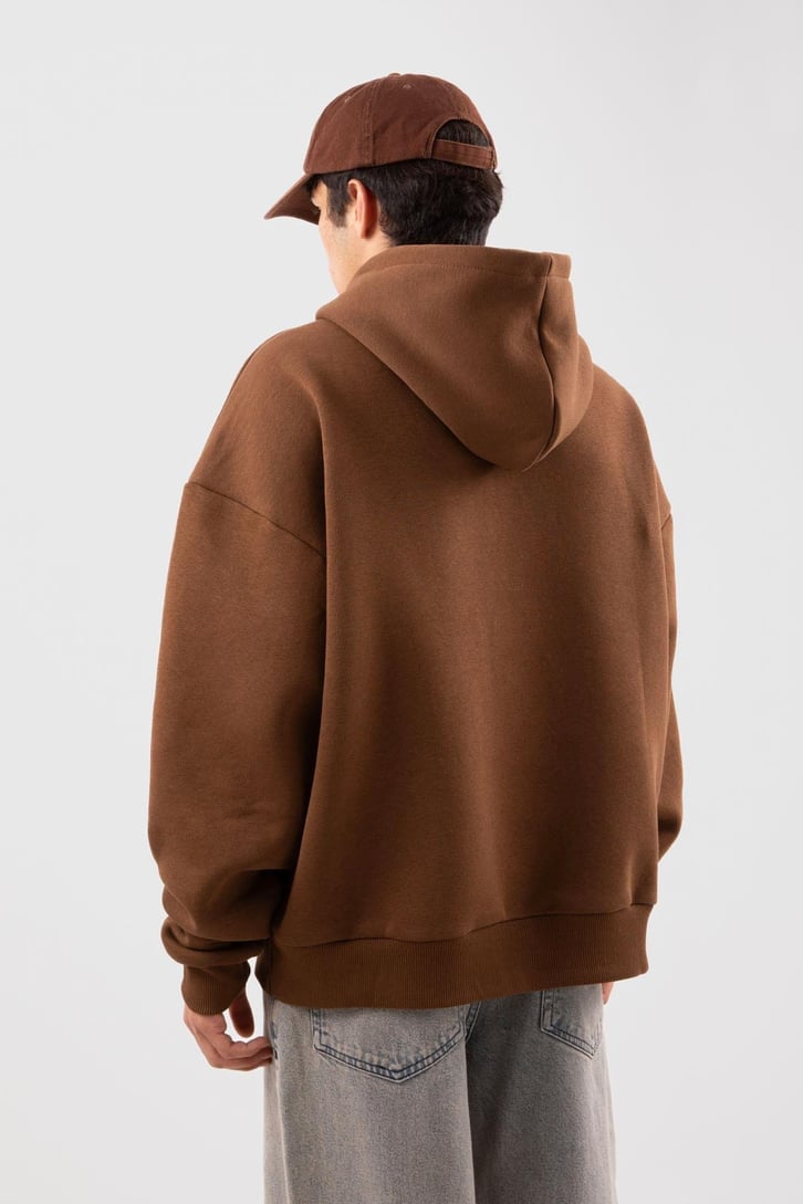 Stars Baskılı Kahverengi Oversize Hoodie