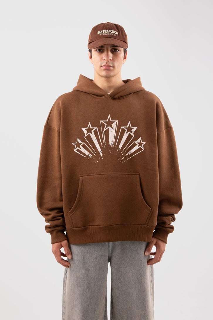 Stars Baskılı Kahverengi Oversize Hoodie