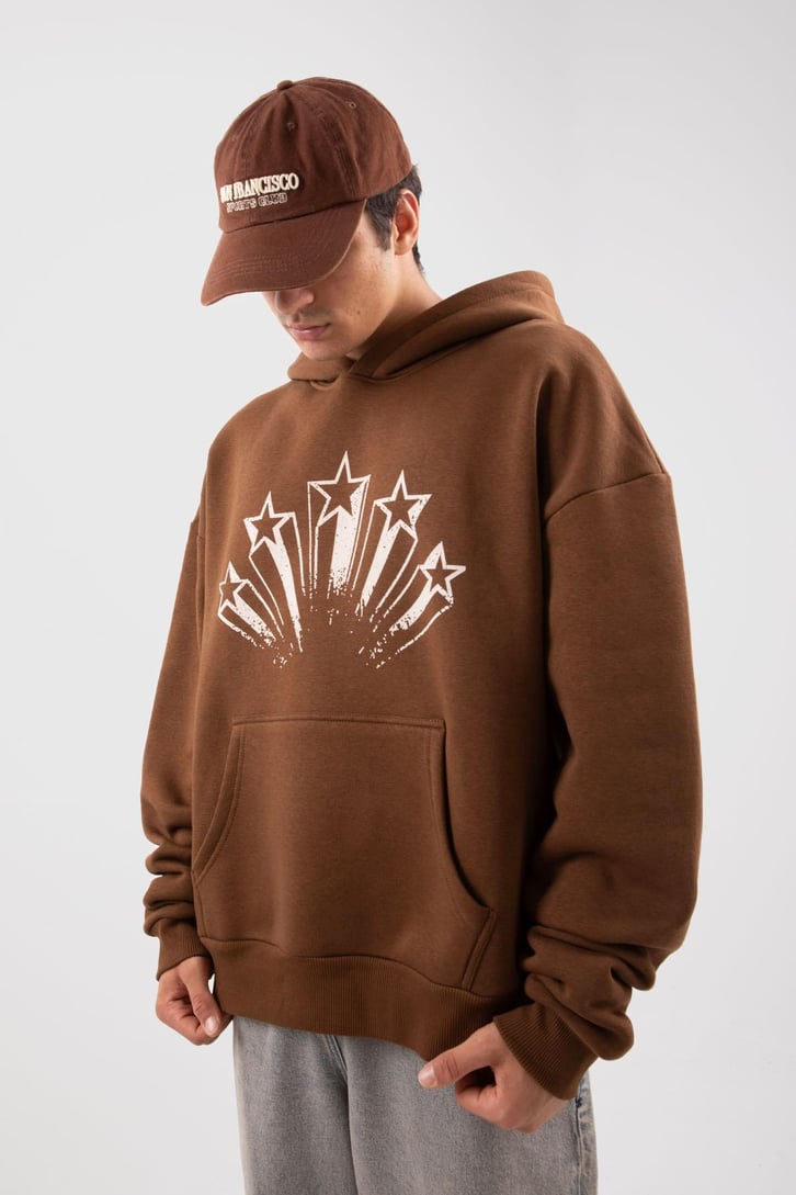 Stars Baskılı Kahverengi Oversize Hoodie