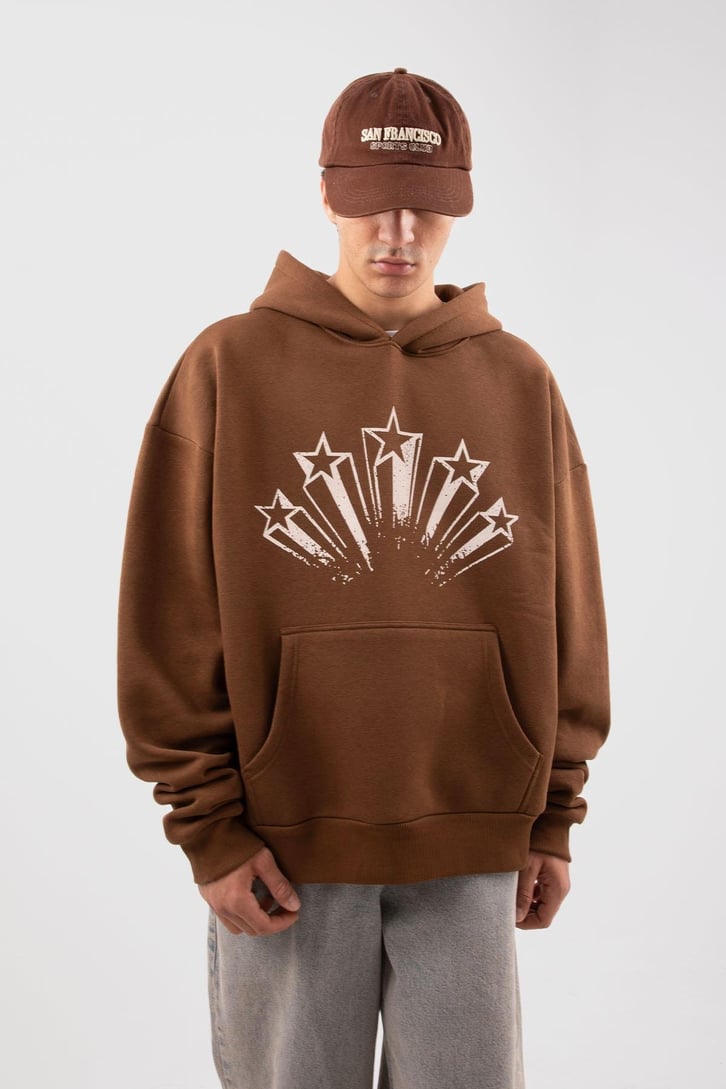 Stars Baskılı Kahverengi Oversize Hoodie