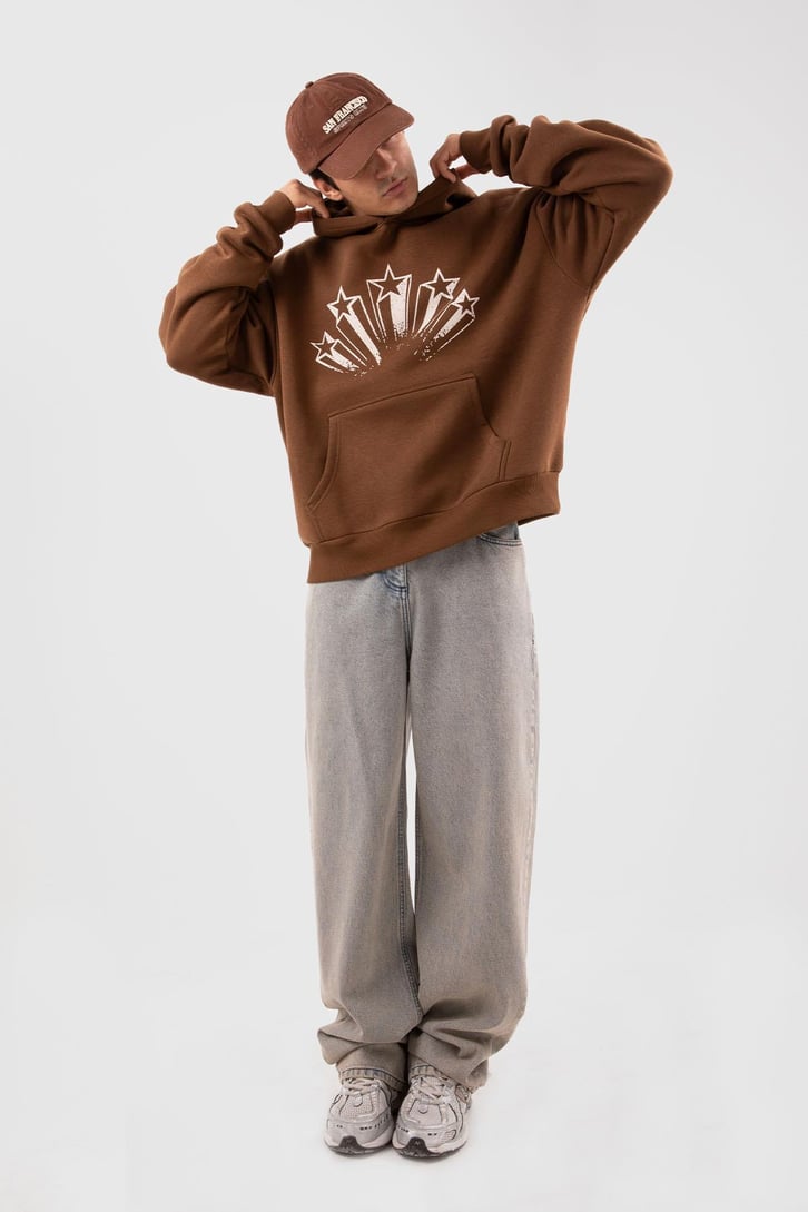 Stars Baskılı Kahverengi Oversize Hoodie