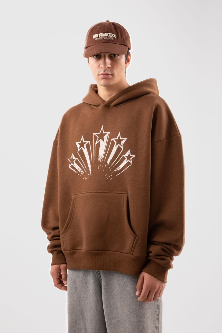 Stars Baskılı Kahverengi Oversize Hoodie