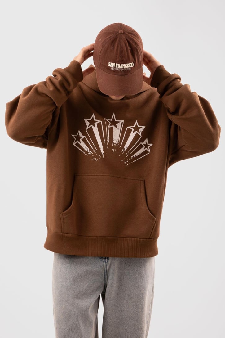 Stars Baskılı Kahverengi Oversize Hoodie