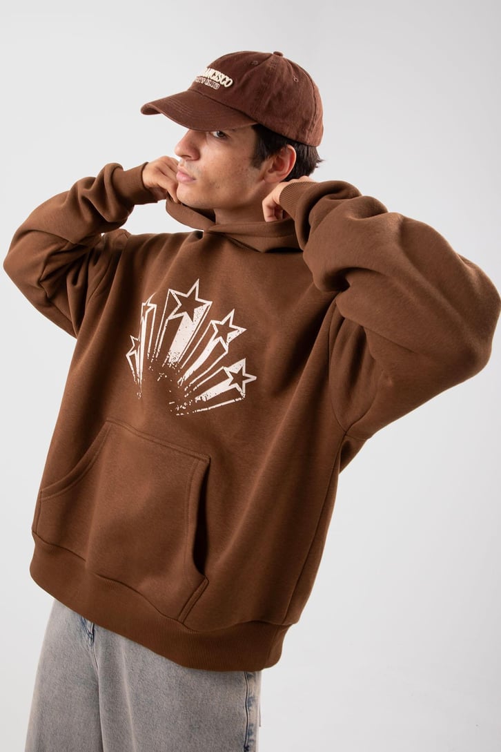 Stars Baskılı Kahverengi Oversize Hoodie