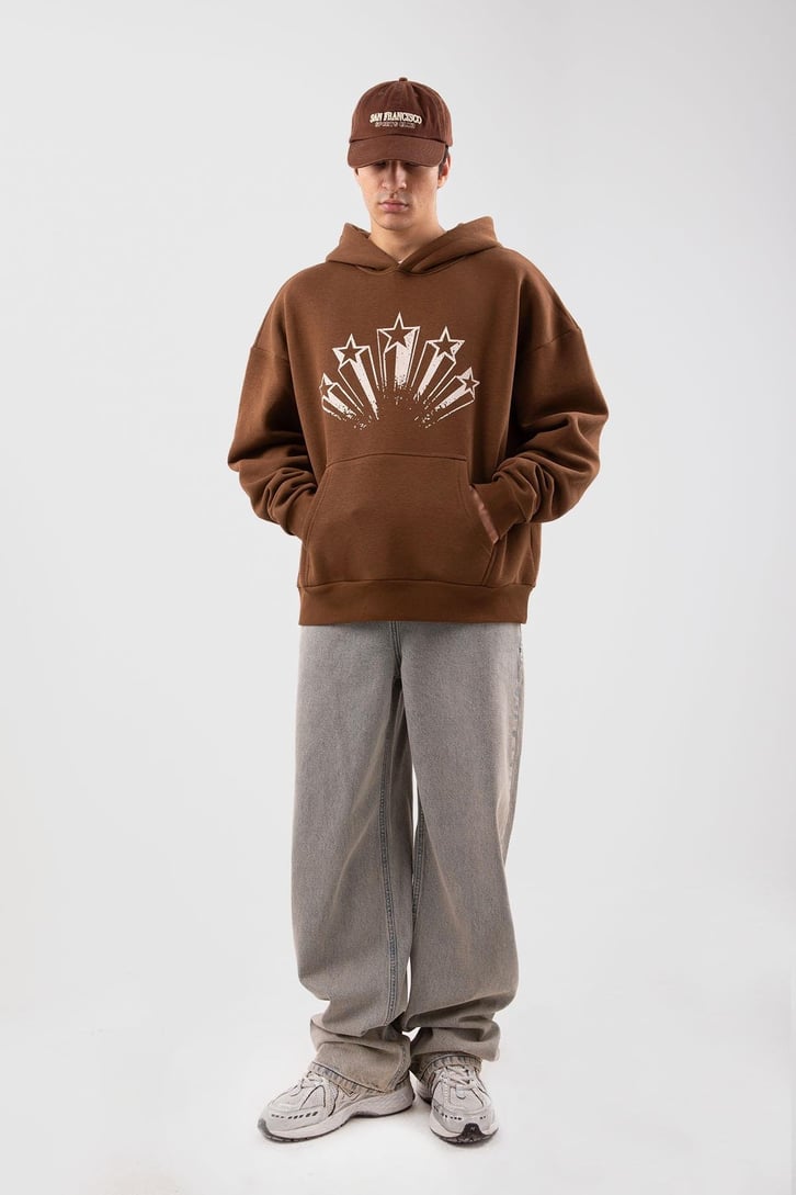 Stars Baskılı Kahverengi Oversize Hoodie