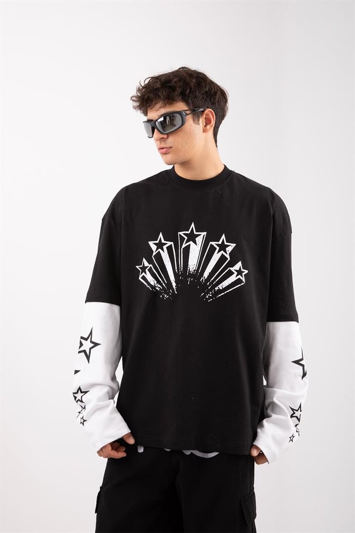Stars Baskılı Siyah Oversize Long Sleeve Tişört
