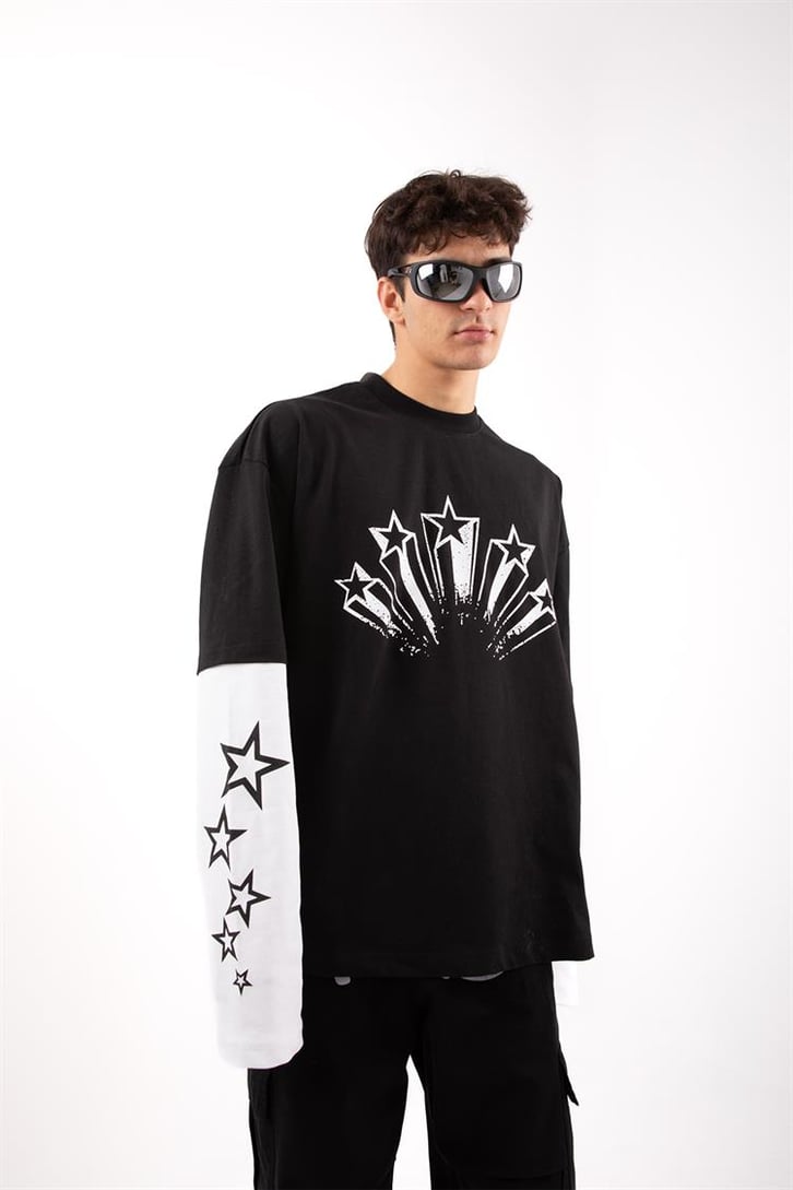 Stars Baskılı Siyah Oversize Long Sleeve Tişört