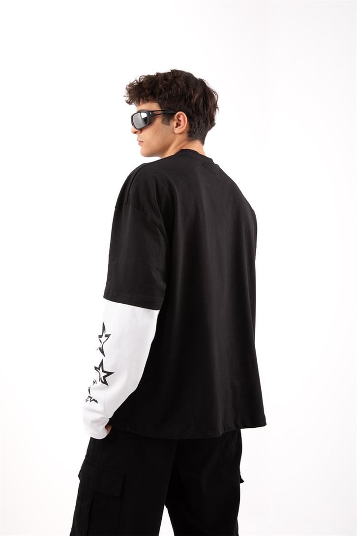 Stars Baskılı Siyah Oversize Long Sleeve Tişört