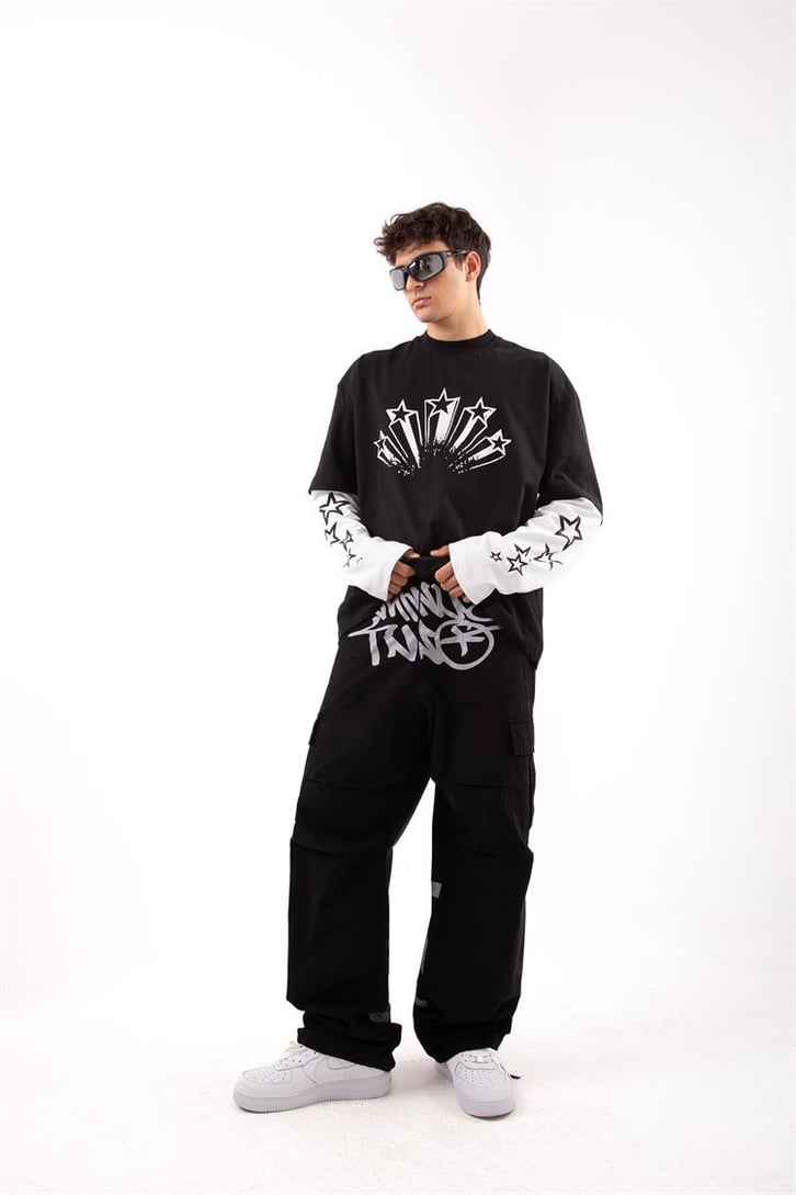 Stars Baskılı Siyah Oversize Long Sleeve Tişört