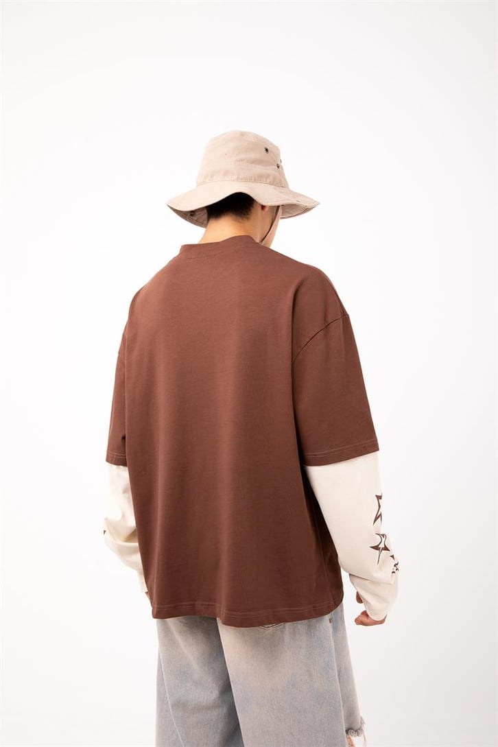 Starz Baskılı Kahverengi Oversize Long Sleeve Tişört
