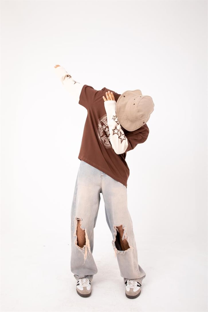 Starz Baskılı Kahverengi Oversize Long Sleeve Tişört