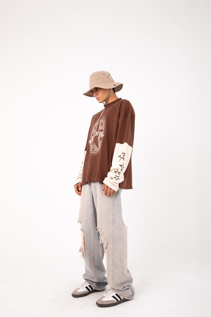 Starz Baskılı Kahverengi Oversize Long Sleeve Tişört