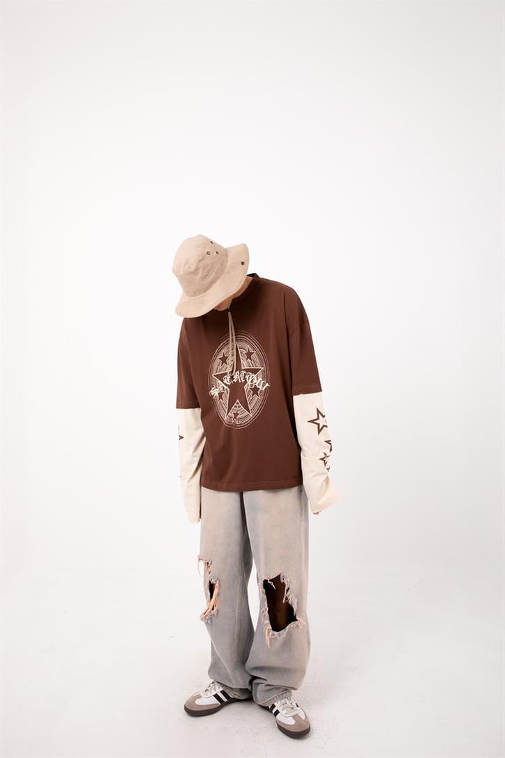 Starz Baskılı Kahverengi Oversize Long Sleeve Tişört