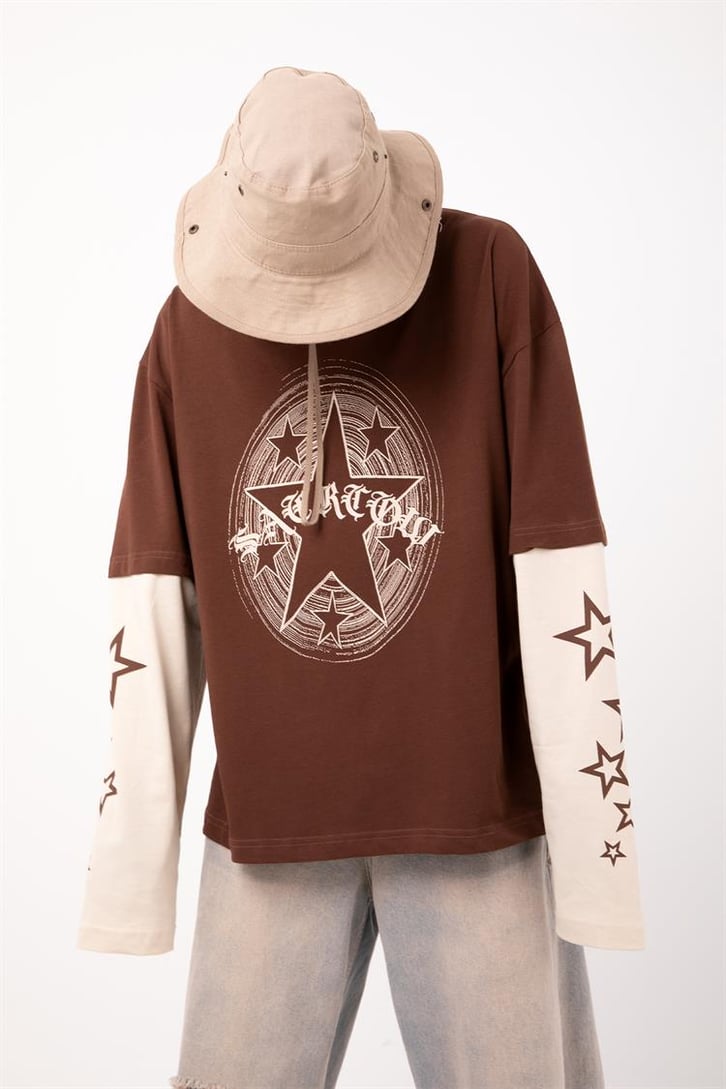 Starz Baskılı Kahverengi Oversize Long Sleeve Tişört