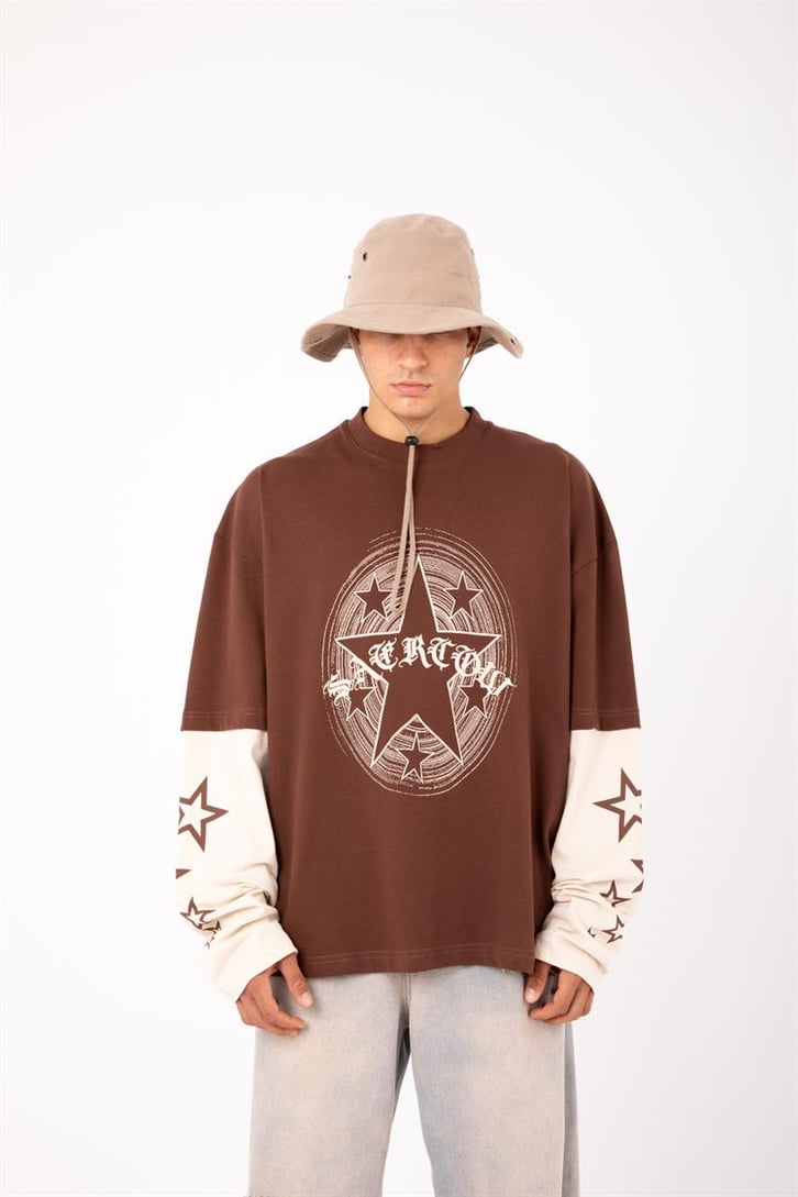 Starz Baskılı Kahverengi Oversize Long Sleeve Tişört