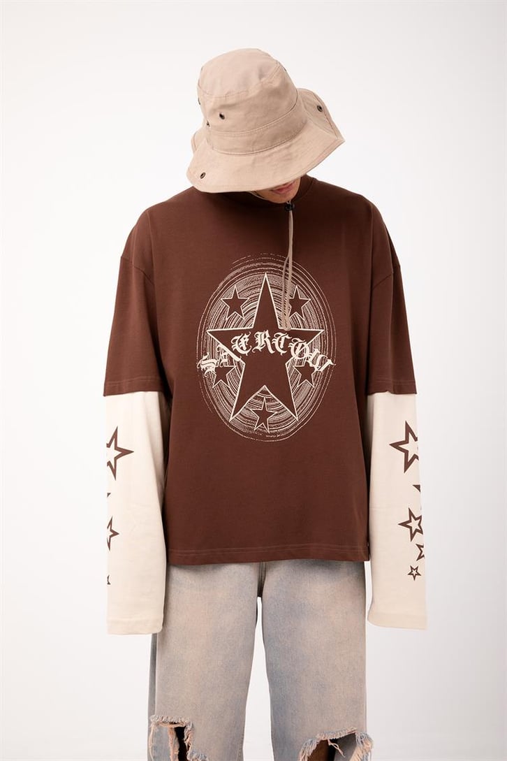 Starz Baskılı Kahverengi Oversize Long Sleeve Tişört