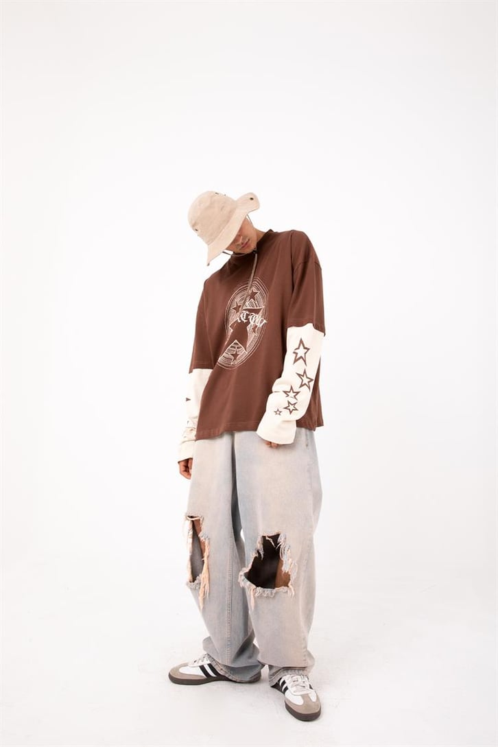 Starz Baskılı Kahverengi Oversize Long Sleeve Tişört