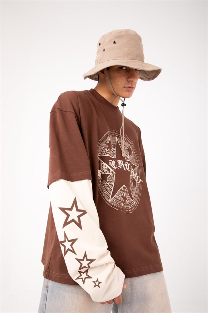 Starz Baskılı Kahverengi Oversize Long Sleeve Tişört