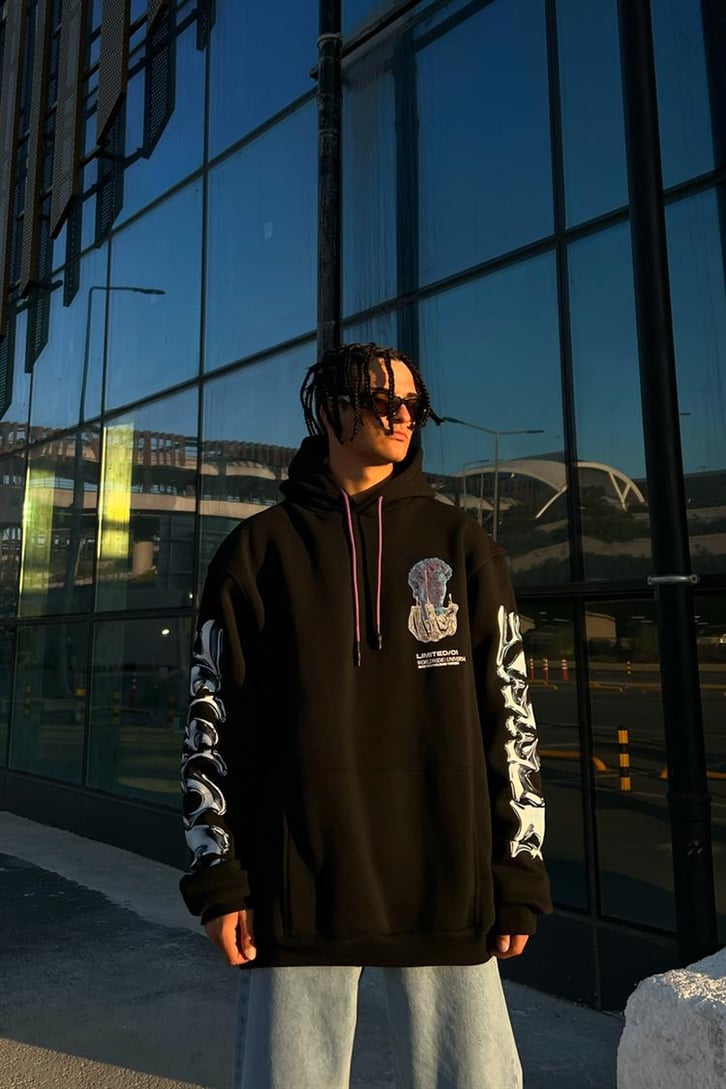 Statue Kol Baskılı Siyah Oversize Hoodie