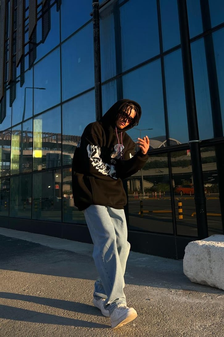 Statue Kol Baskılı Siyah Oversize Hoodie