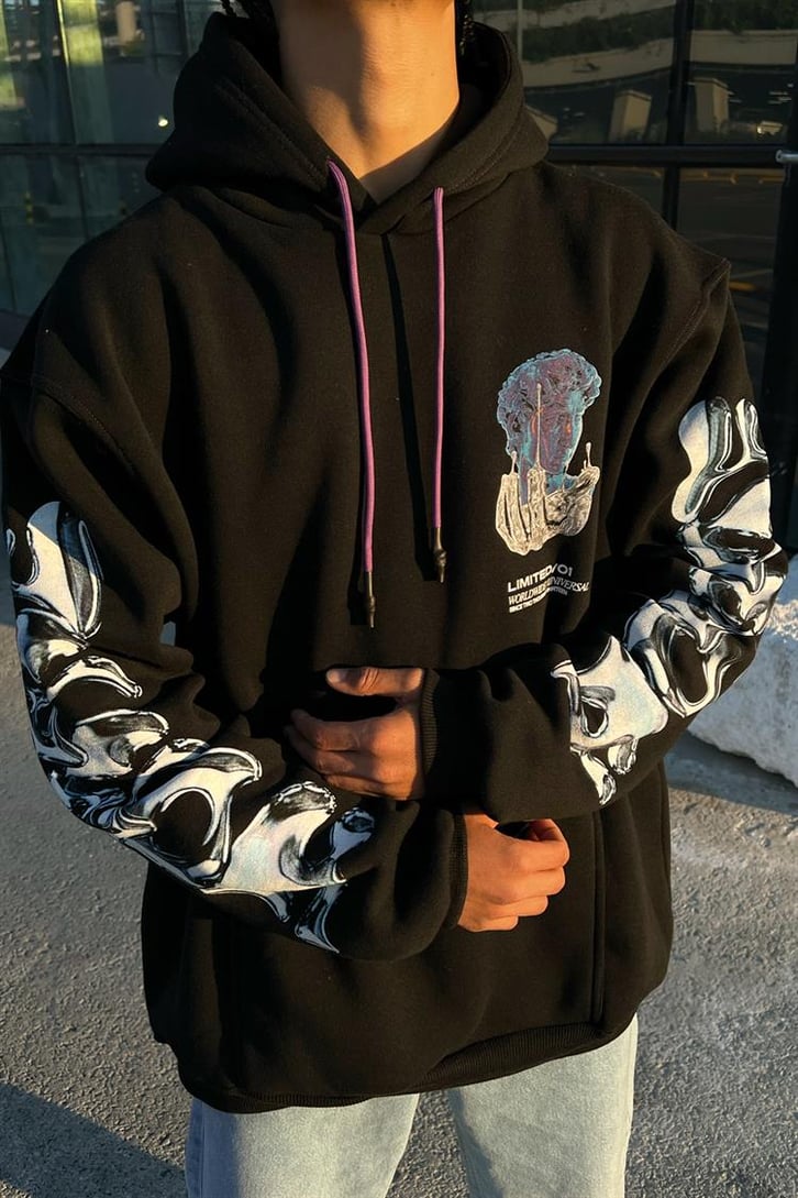 Statue Kol Baskılı Siyah Oversize Hoodie