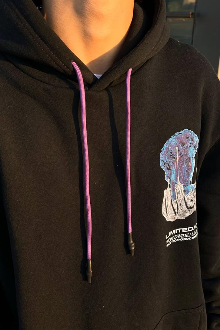Statue Kol Baskılı Siyah Oversize Hoodie
