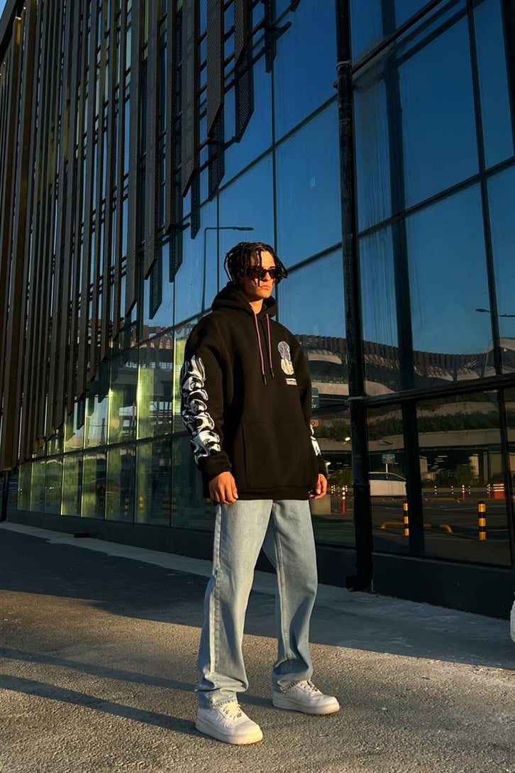 Statue Kol Baskılı Siyah Oversize Hoodie