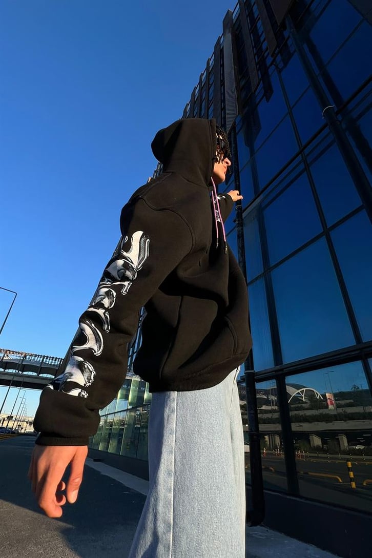 Statue Kol Baskılı Siyah Oversize Hoodie