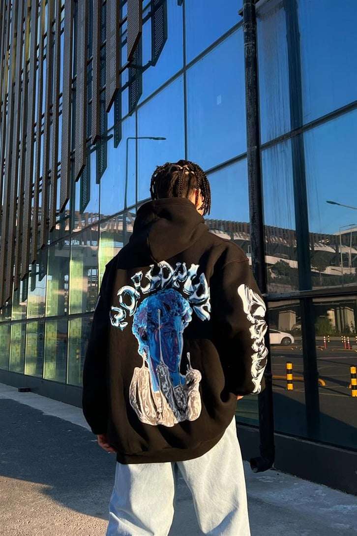 Statue Kol Baskılı Siyah Oversize Hoodie