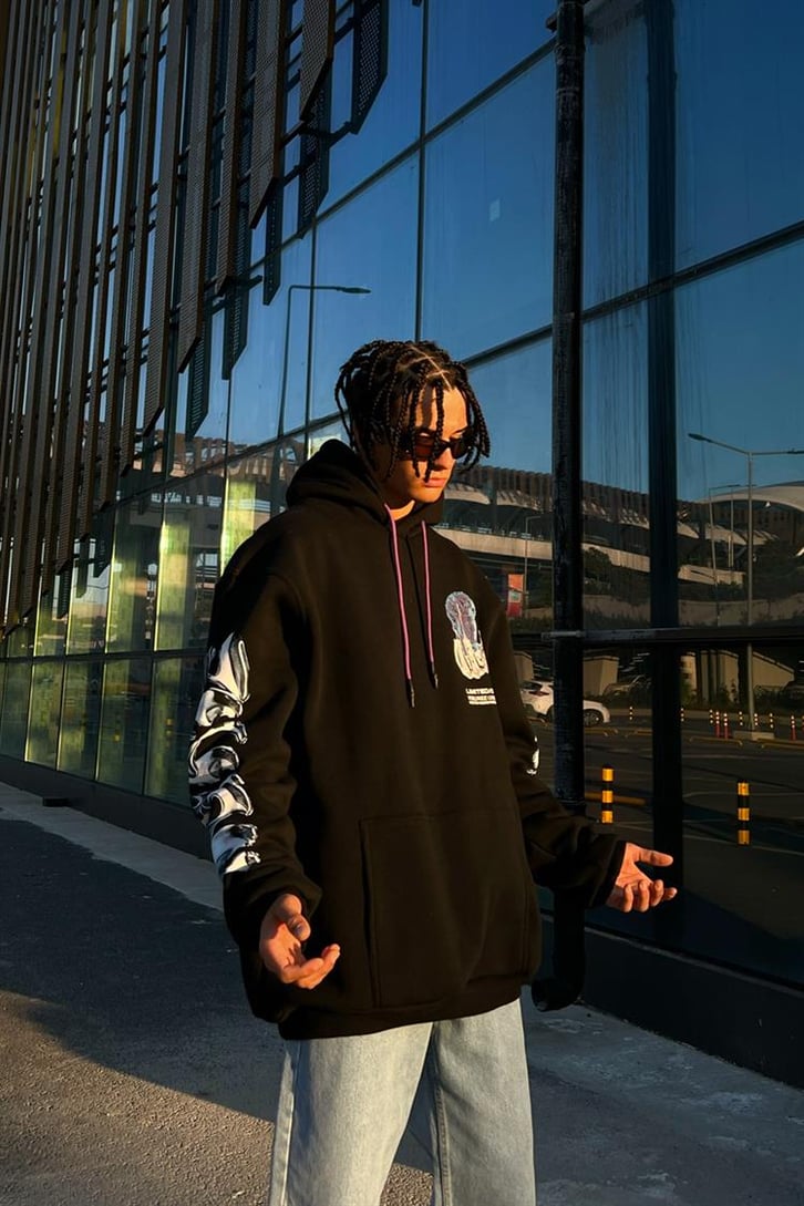 Statue Kol Baskılı Siyah Oversize Hoodie