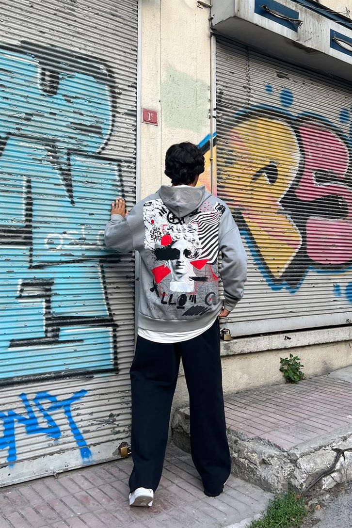 Statue Sırt Baskılı Buz Gri Oversize Hoodie