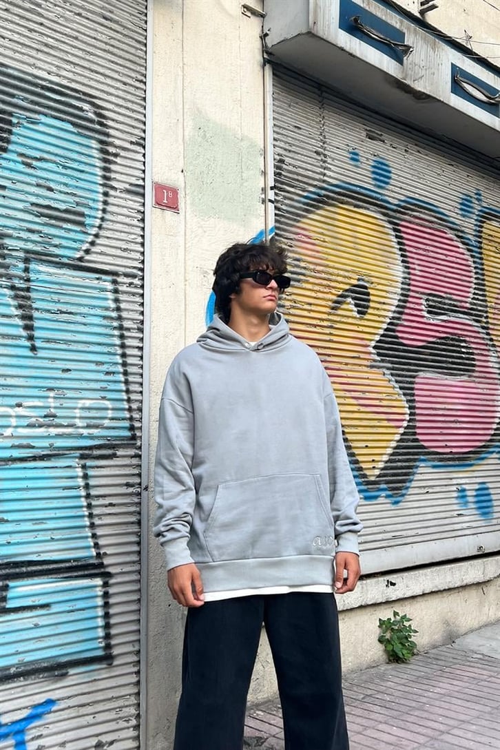 Statue Sırt Baskılı Buz Gri Oversize Hoodie