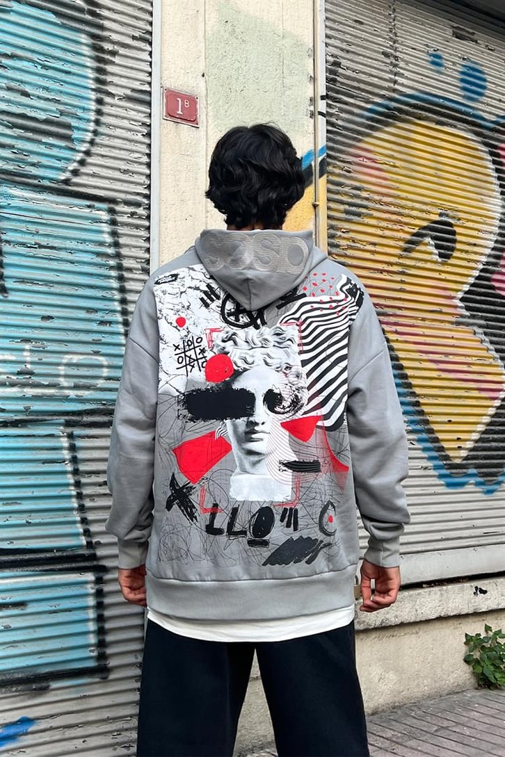 Statue Sırt Baskılı Buz Gri Oversize Hoodie