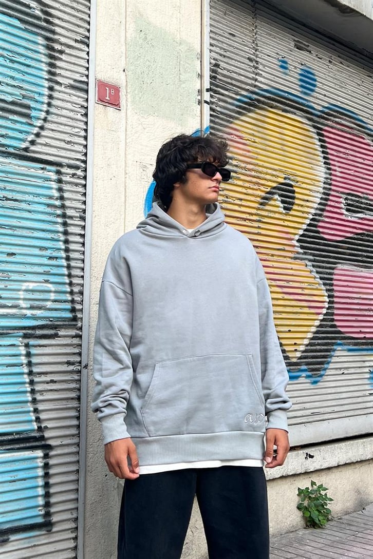 Statue Sırt Baskılı Buz Gri Oversize Hoodie