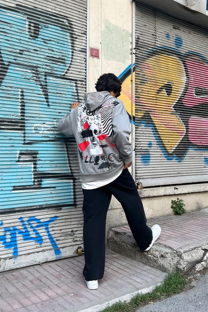 Statue Sırt Baskılı Buz Gri Oversize Hoodie