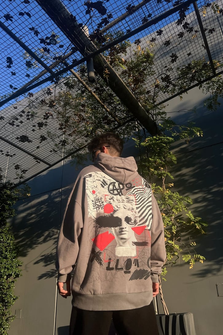 Statue Sırt Baskılı Koyu Gri Oversize Sweatshirt
