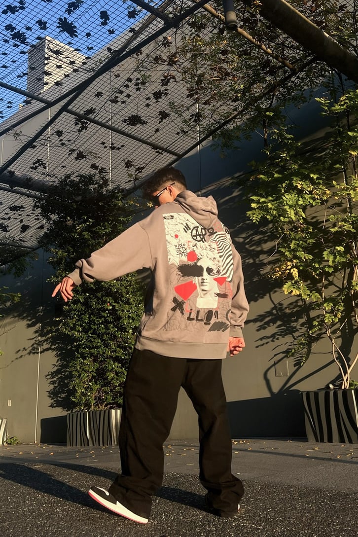 Statue Sırt Baskılı Koyu Gri Oversize Sweatshirt