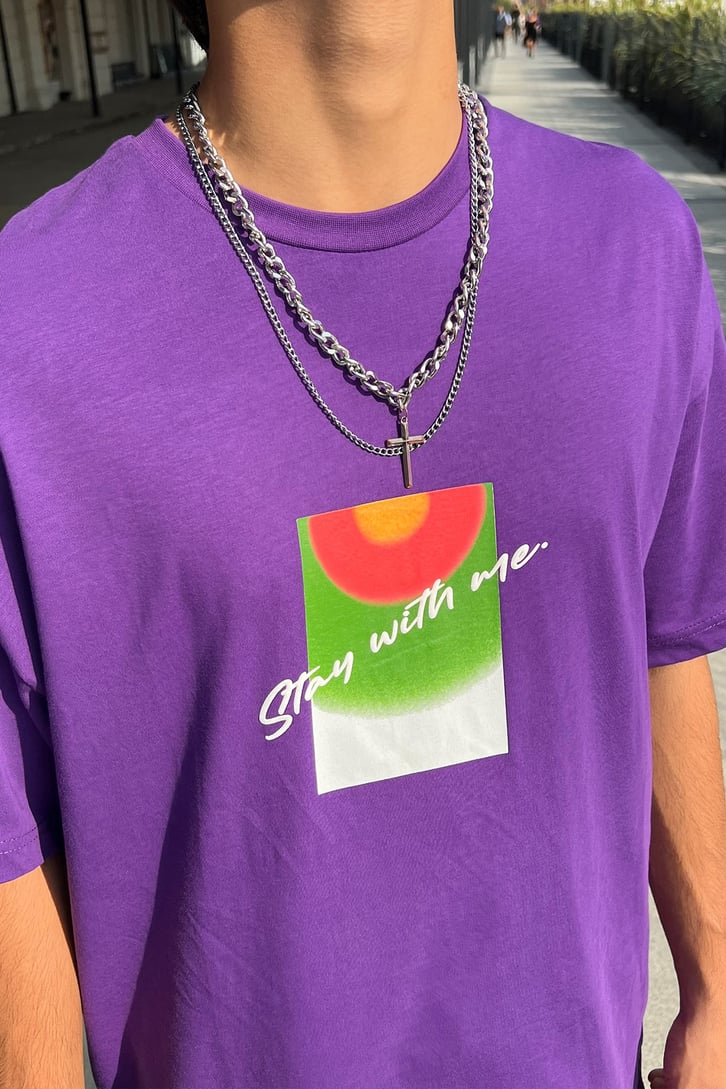 Stay With Me Baskılı Mor Oversize Tshirt