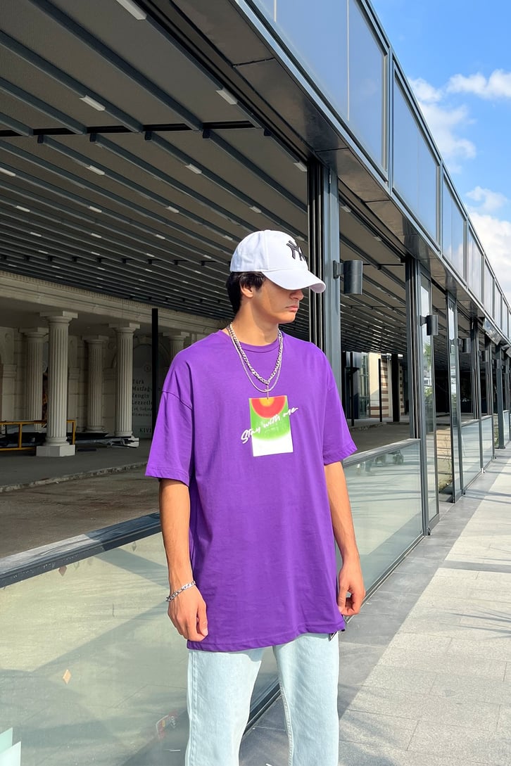 Stay With Me Baskılı Mor Oversize Tshirt