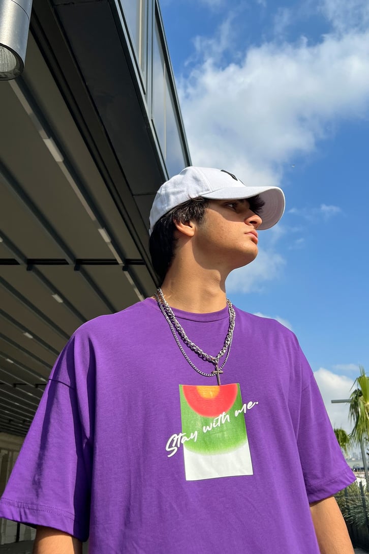 Stay With Me Baskılı Mor Oversize Tshirt