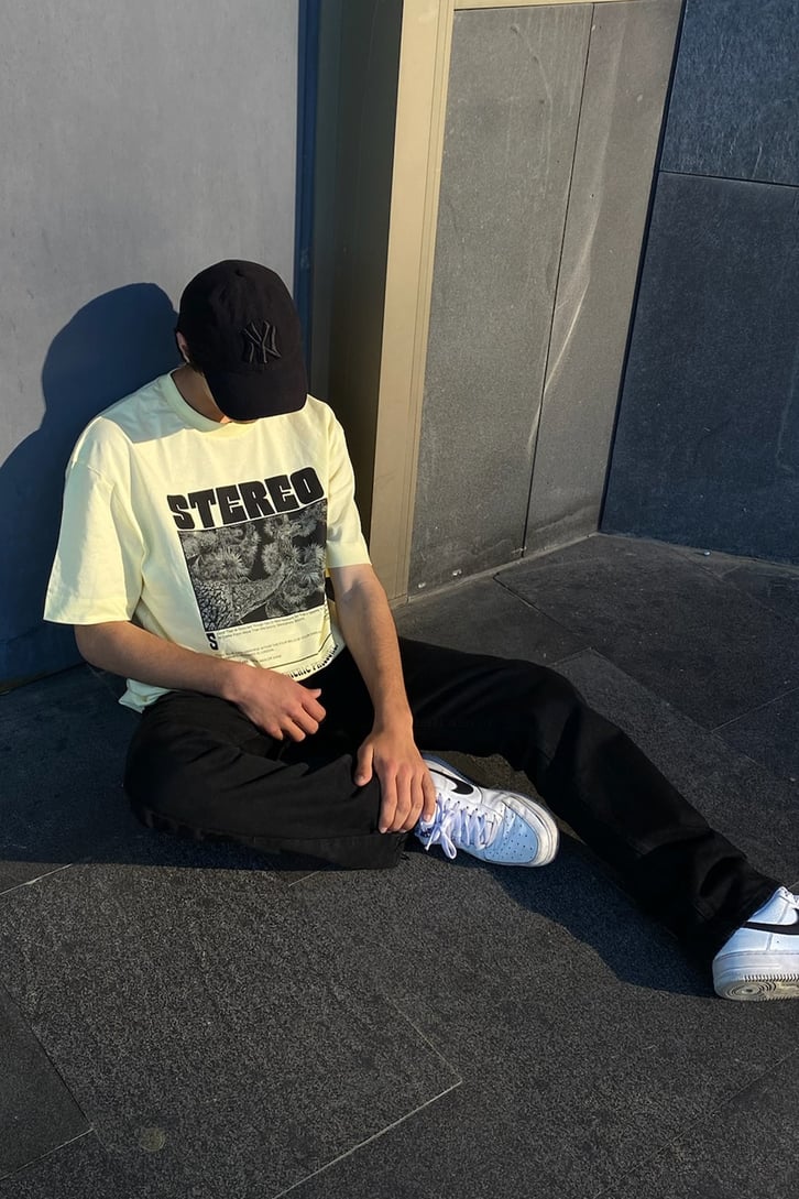 Stereo Baskılı Sarı Oversize Tshirt