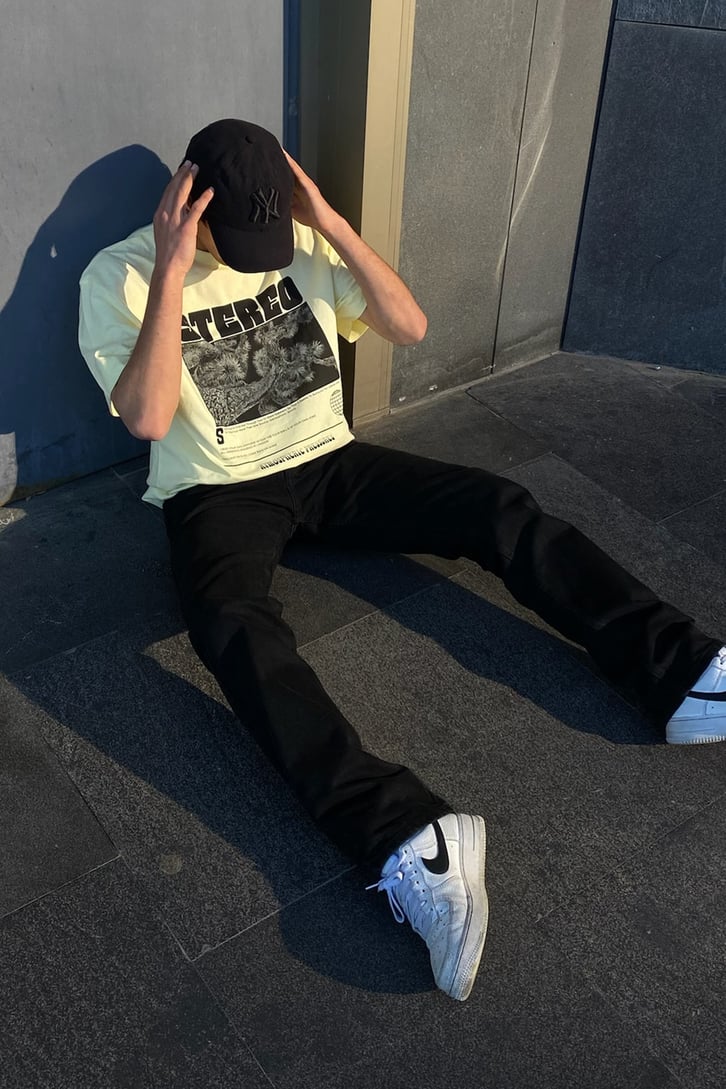 Stereo Baskılı Sarı Oversize Tshirt