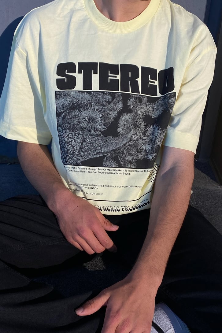 Stereo Baskılı Sarı Oversize Tshirt