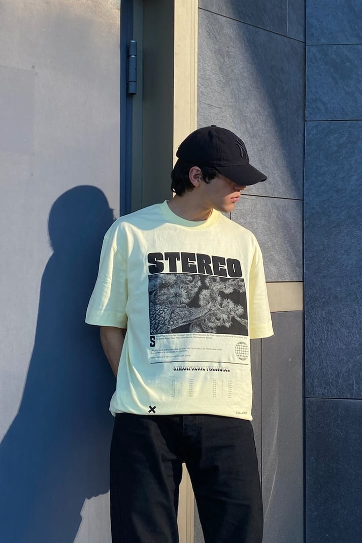 Stereo Baskılı Sarı Oversize Tshirt