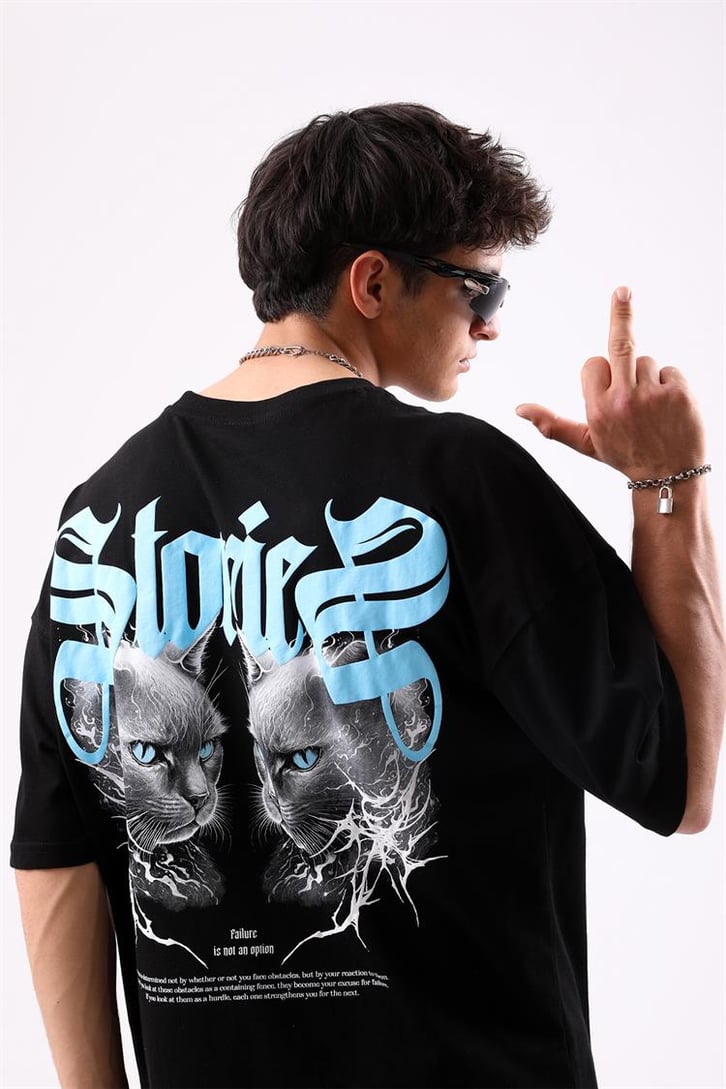 Stonies Baskılı Siyah Oversize Tişört